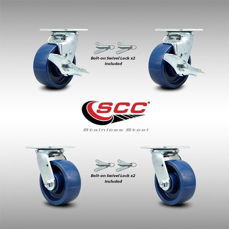 Service Caster 5 Inch SS Solid Poly Caster Set with Roller Bearings 4 Swivel Lock 2 Brake SCC SCC-SS30S520-SPUR-TLB-BSL-2-BSL-2